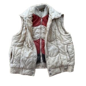 Vintage 80's Tan Puffer Vest Earth Tones Neutral Stripes Snaps Quilted Insulated